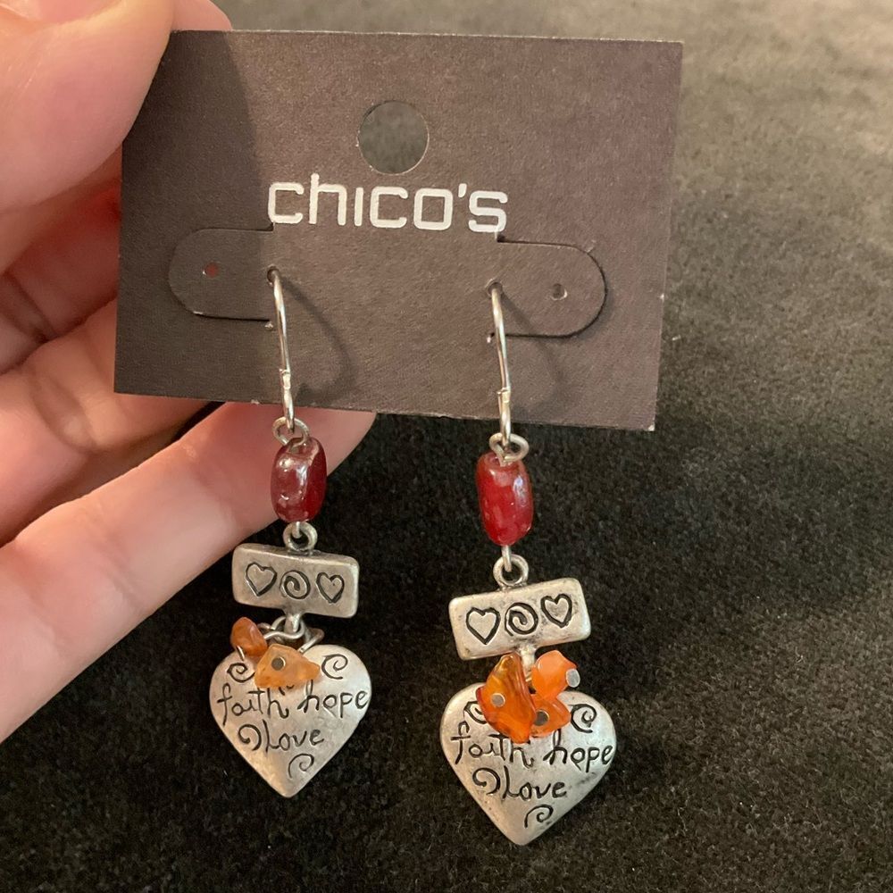 0074-Chico's Silver Heart‎ Earrings with Red and Orange Accents